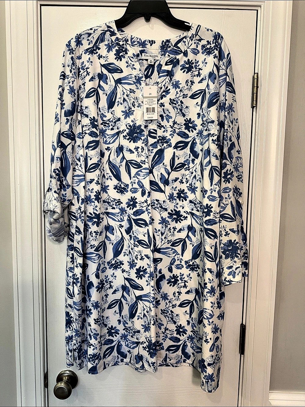 Kim Rogers Fashion Dress Floral Midi Dress in White & Blue Size 2X NWT